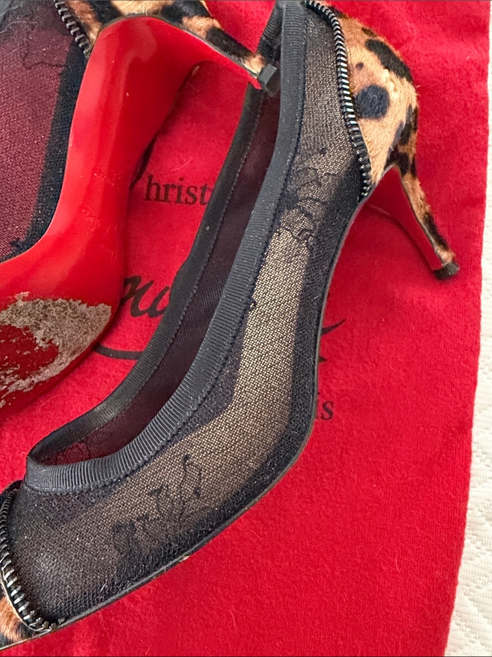 Christian Louboutin Black Mesh Heels with Leopard-Print Pointed Toe - Picture 3 of 12
